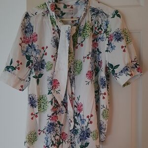 LOFT Multicolor Floral Tie-Neck Blouse